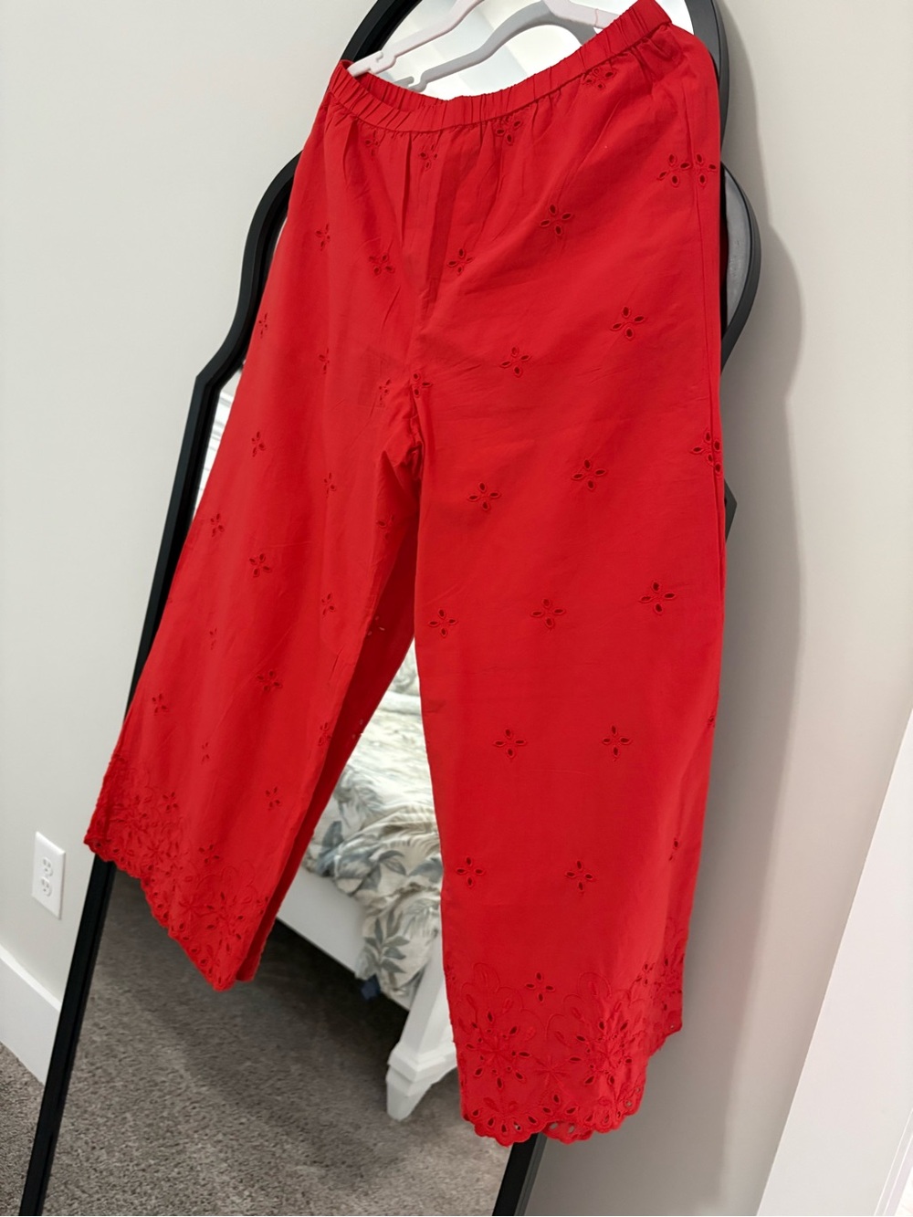 Women Red Eyelet Cotton pants